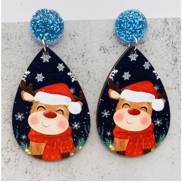 Wooden Water Drop Holiday Novelty Earrings with Reindeer Santa New - Picture 1 of 3